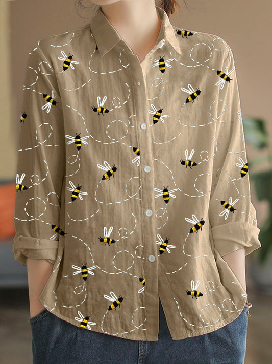 Comstylish Flying Bees Embroidery Pattern Linen Blend Blouse