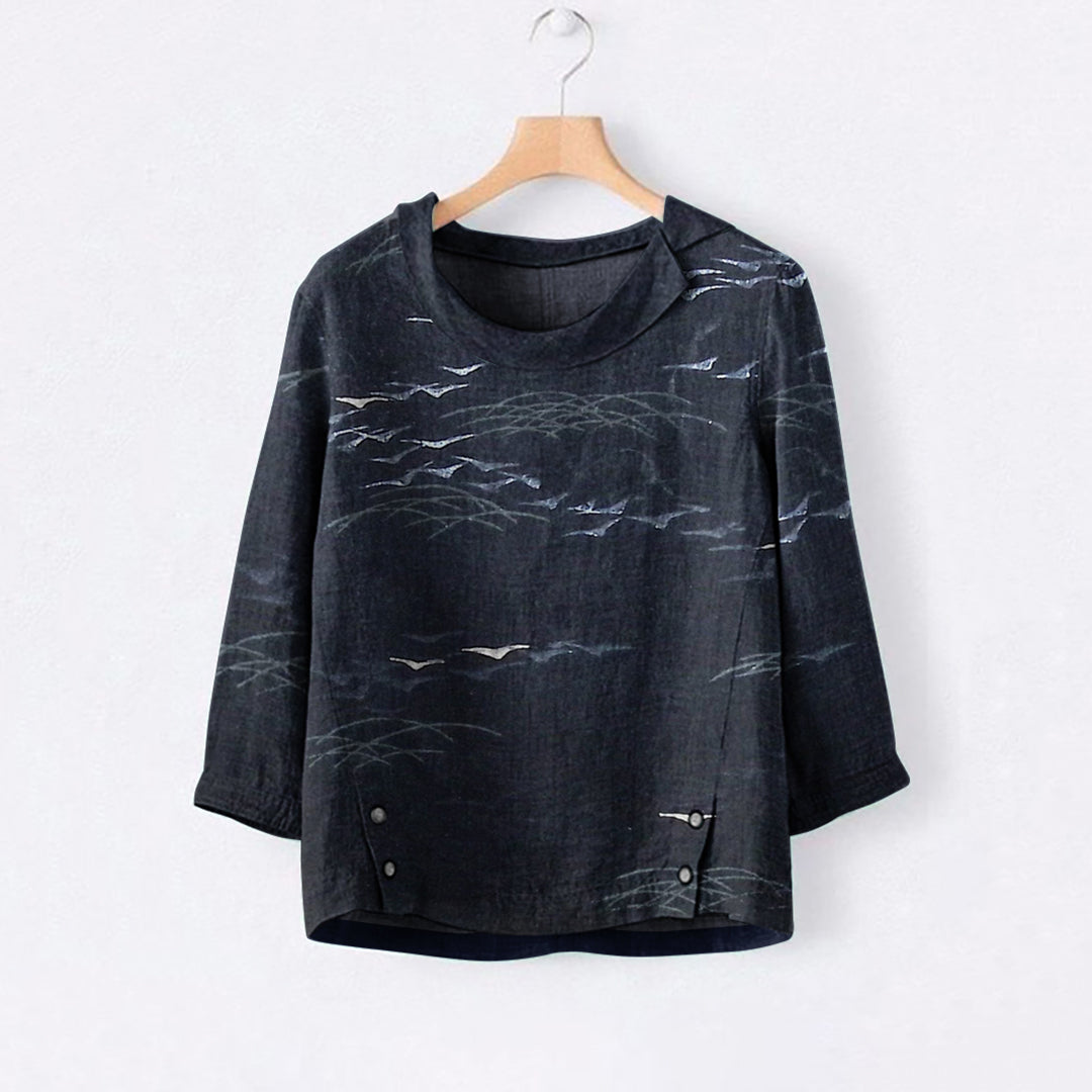 Comstylish Japanese Art Print Lapel Casual Blouse