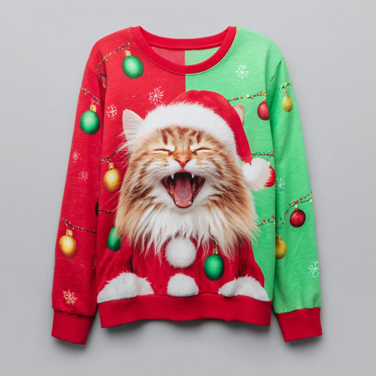 Comstylish Women's Christmas Cat Comfortable Crew Neck Sweatshirt