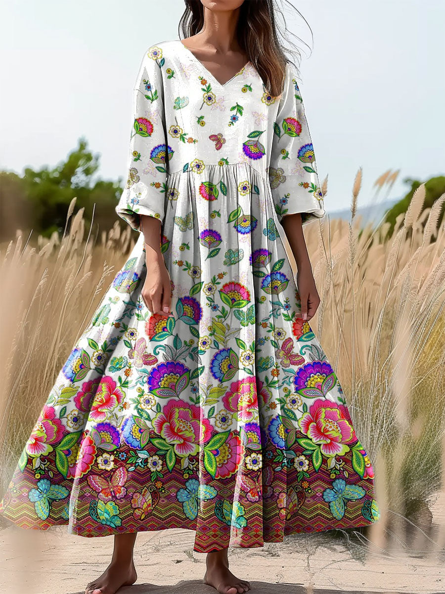 Women's Butterfly Floral Art Print Flowy V-Neck Cotton Dress