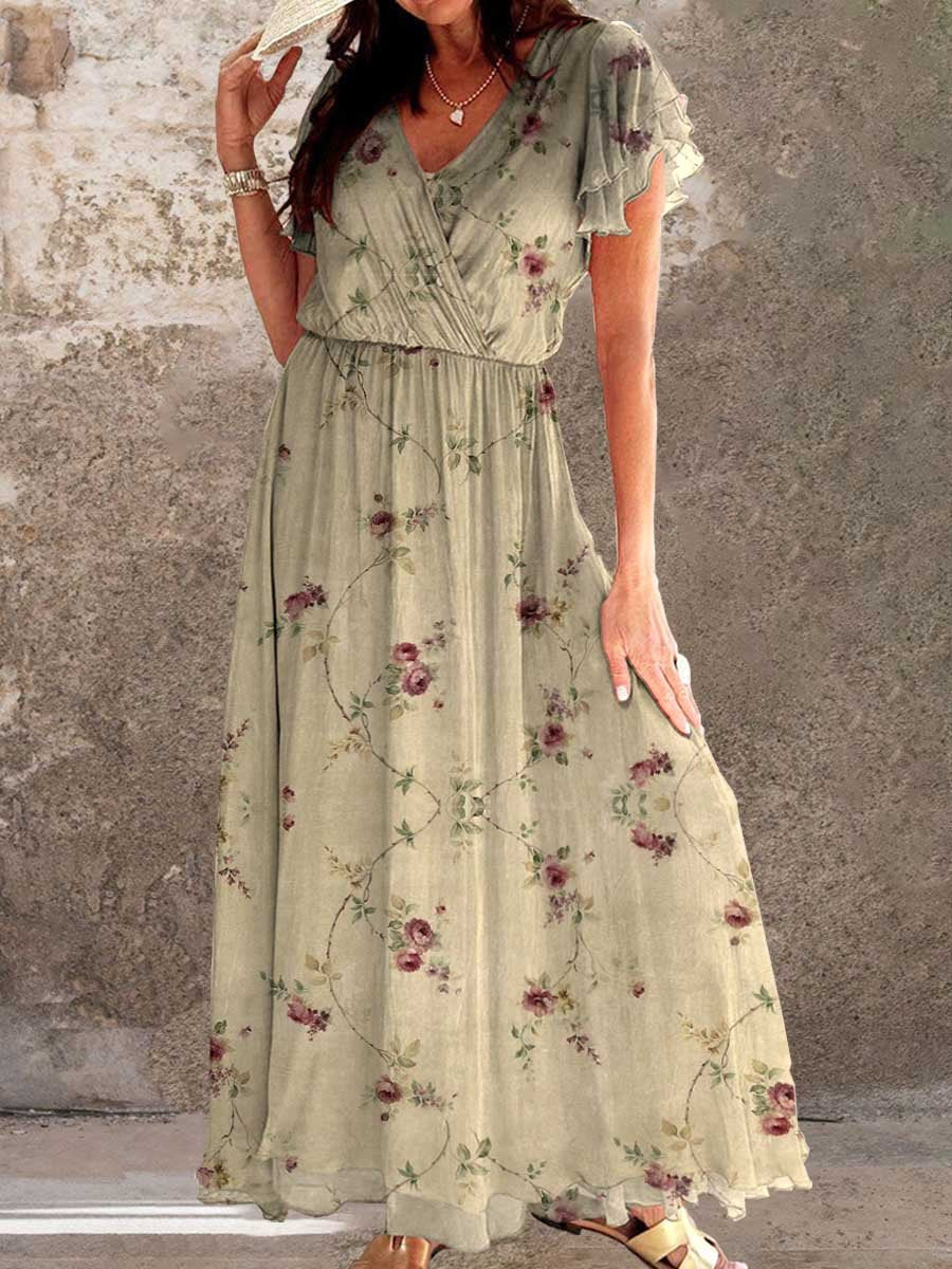 Women's Elegant Vintage Rose Floral Pattern Dress
