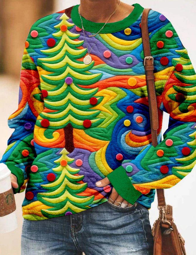 Comstylish Groovy Rainbow Christmas Tree Embroidered Cozy Sweatshirt