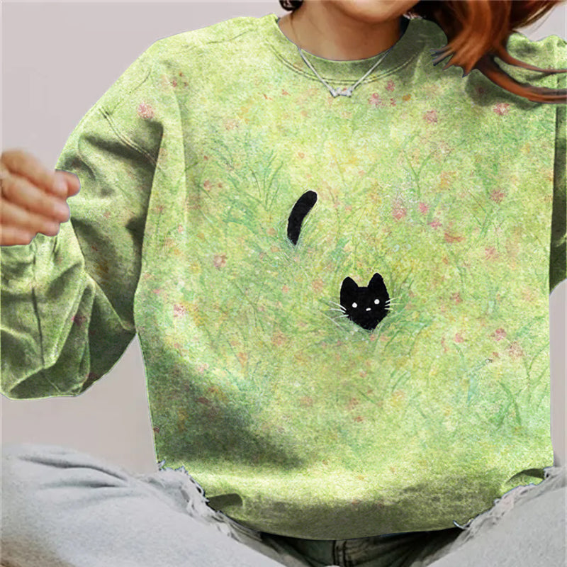 Plant & Cat Painting Art Crew Neck Sweatshirt elevenforest