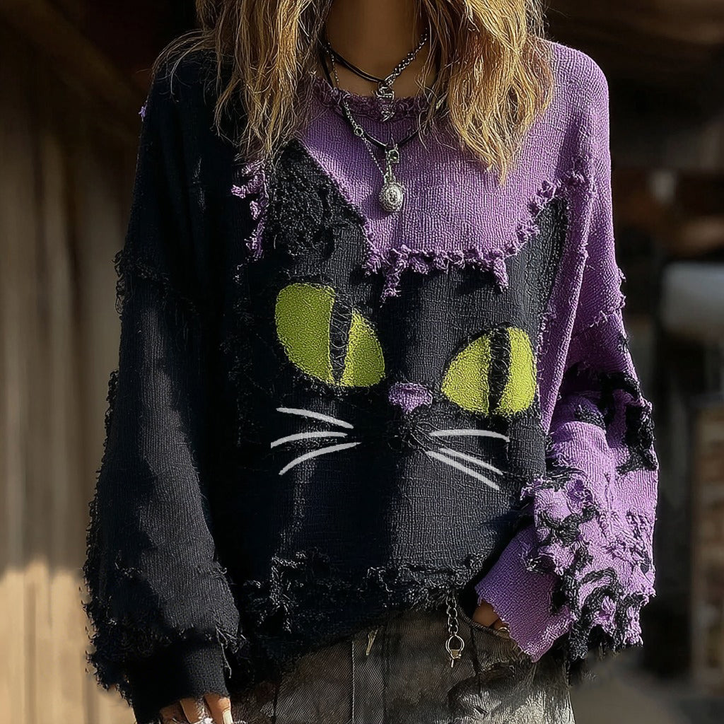 Comstylish Halloween Black Cat Art Patch Contrast Color Crew Neck Sweatshirt