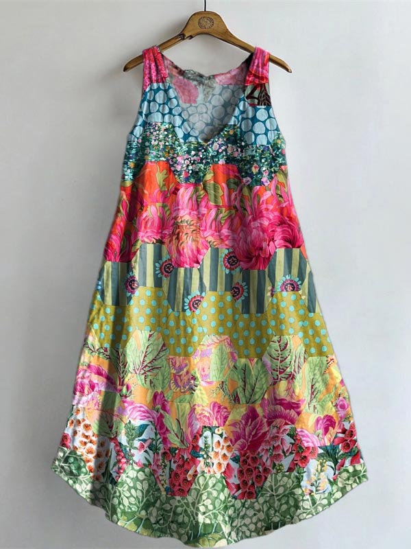 Women's Bohemian Patchwork Floral Print V-neck Pocket Cotton Dress