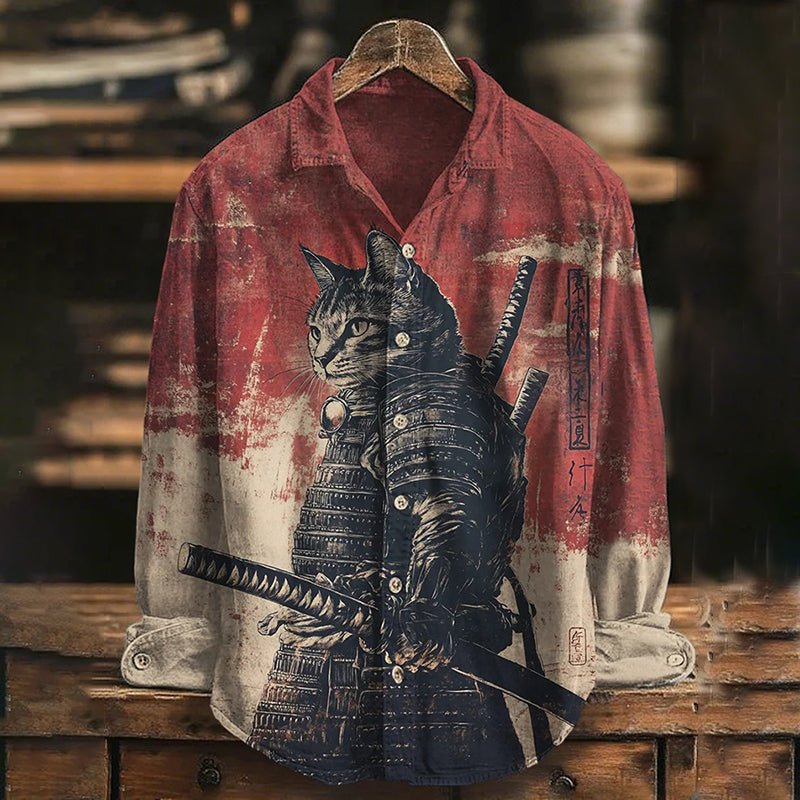 Men's Cat Samurai Japanese Katana Print Long Sleeve Shirt elevenforest