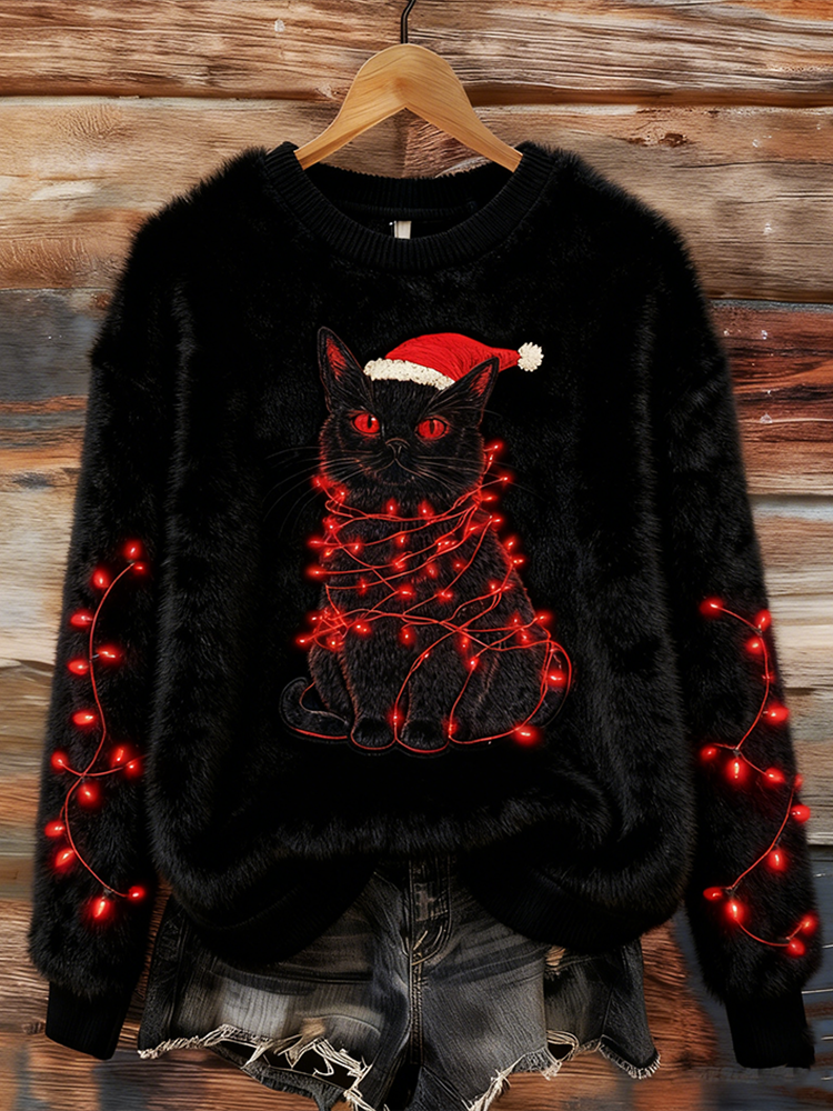 Comstylish Women's Christmas Lights Cat Round Neck Flannel Sweatshirt