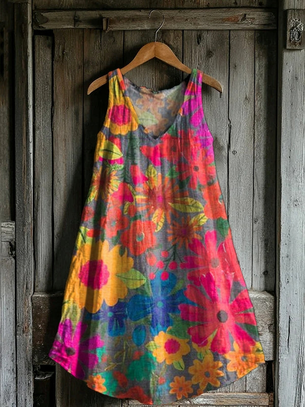 Women's Vintage Watercolor Floral Collage Print V-Neck Sleeveless Comf