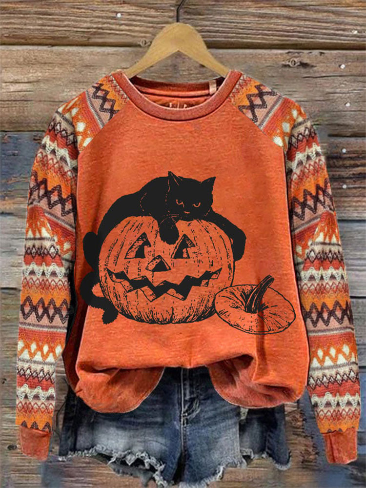 Women's Halloween Black Cat And Pumpkin Sweatshirt artswardrobe