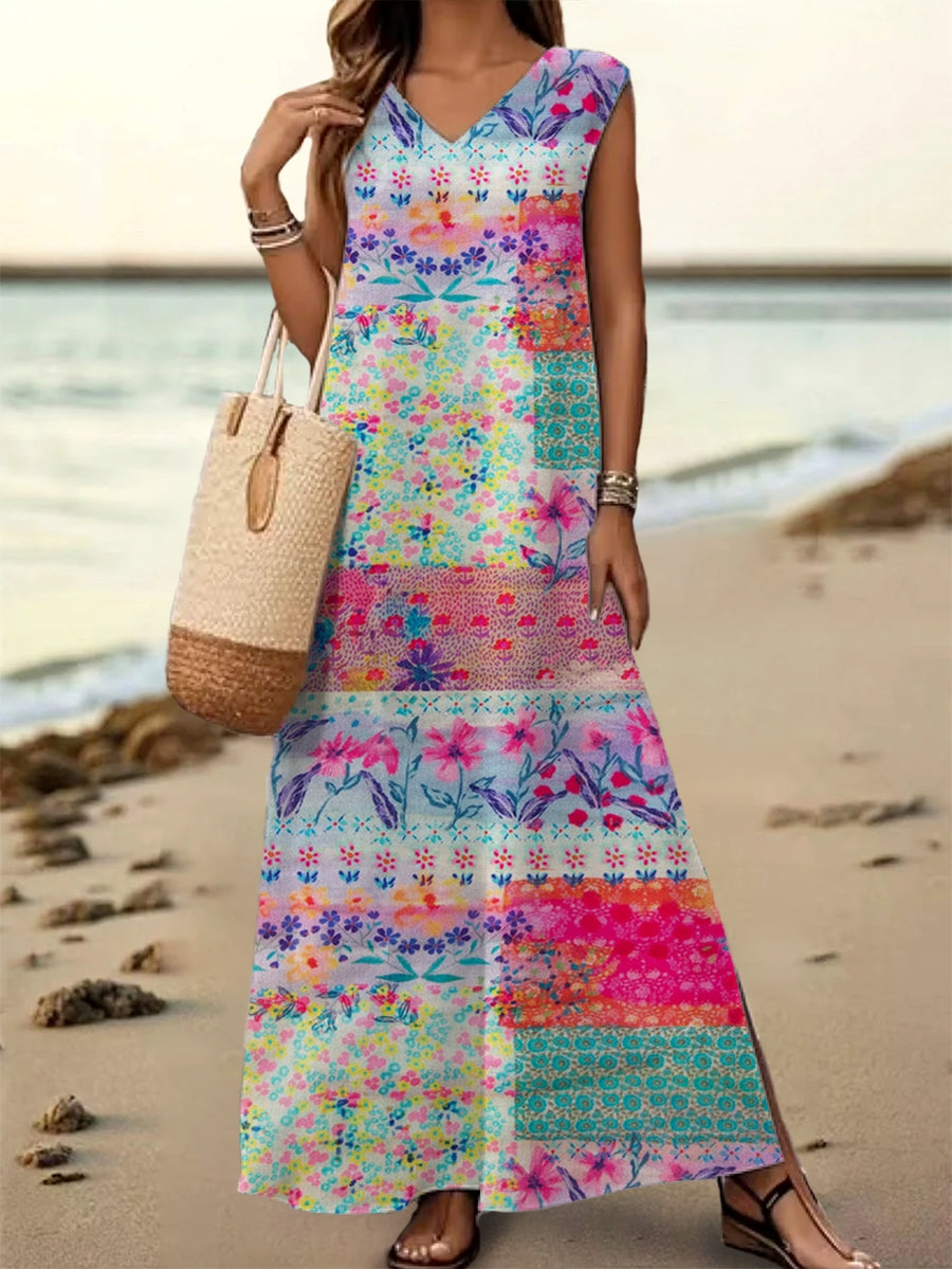 Women's Floral Art Print V-Neck Sleeveless Cotton Pocket Dress