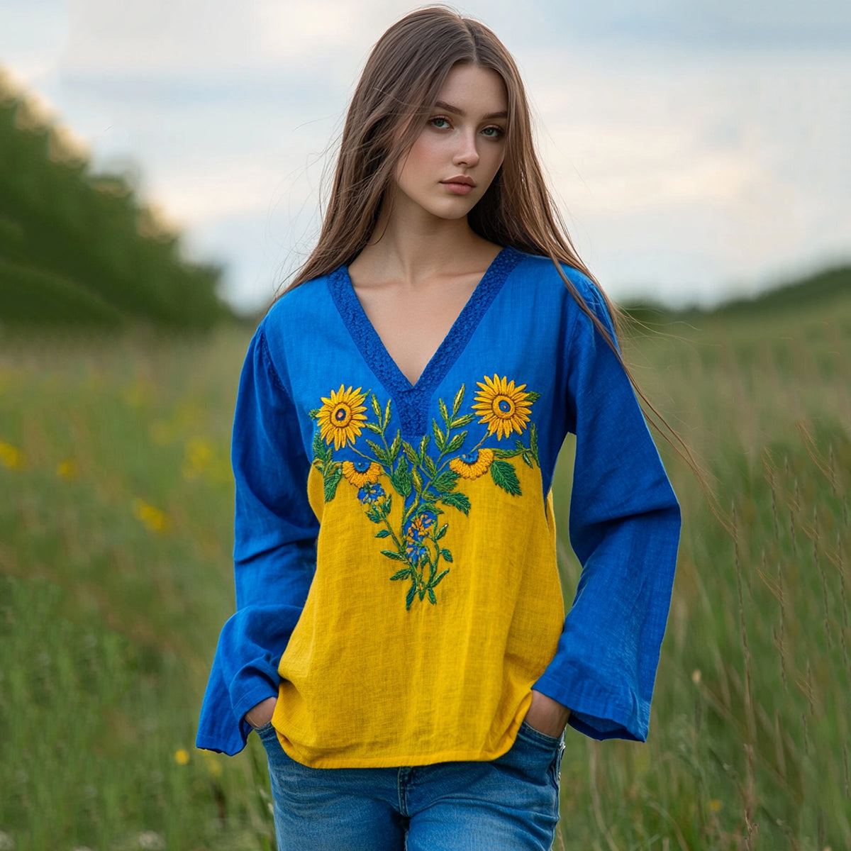 Ukraine Sunflower Embroidery Blend Linen V Neck Loose Blouse artswardrobe