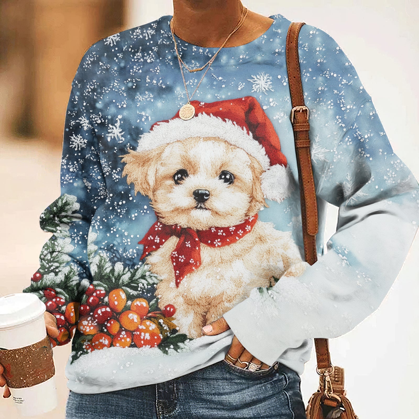 Comstylish Women's Christmas Puppy Embroidery Art Casual Sweatshirt