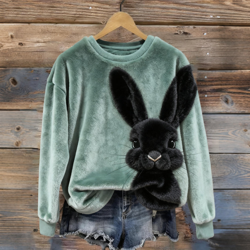 Cute Fuzzy Black Bunny Embroidered Cozy Plush Sweatshirt artswardrobe