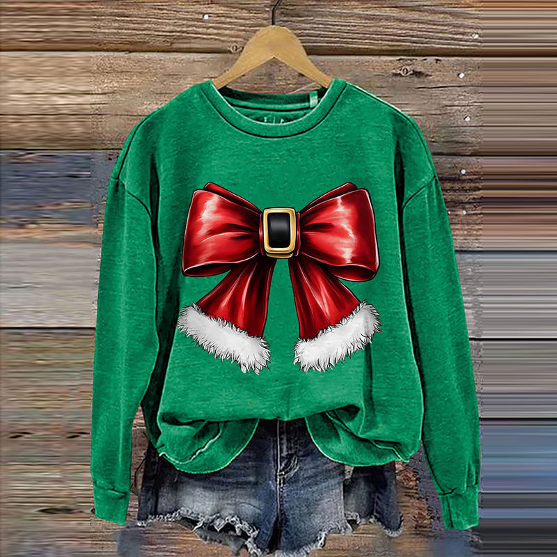 Comstylish Merry Christmas Bow Print Crew Neck Sweatshirt