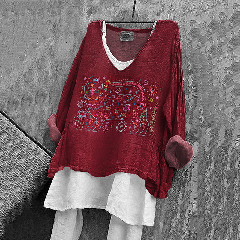 Women's Bird And Cat Embroidery Art Cotton And Linen Shirt elevenforest