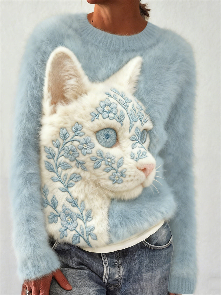 Classy Floral Cat Face Embroidered Cozy Plush Sweatshirt elevenforest