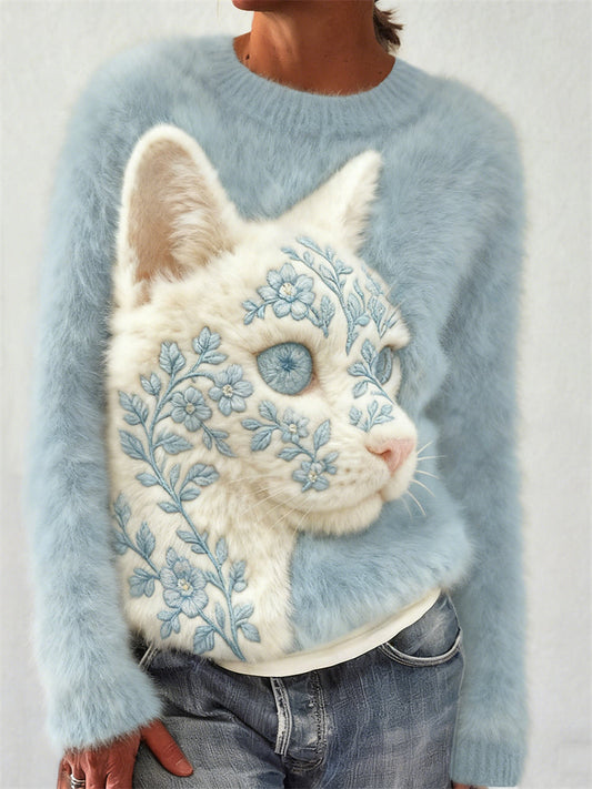 Classy Floral Cat Face Embroidered Cozy Plush Sweatshirt elevenforest
