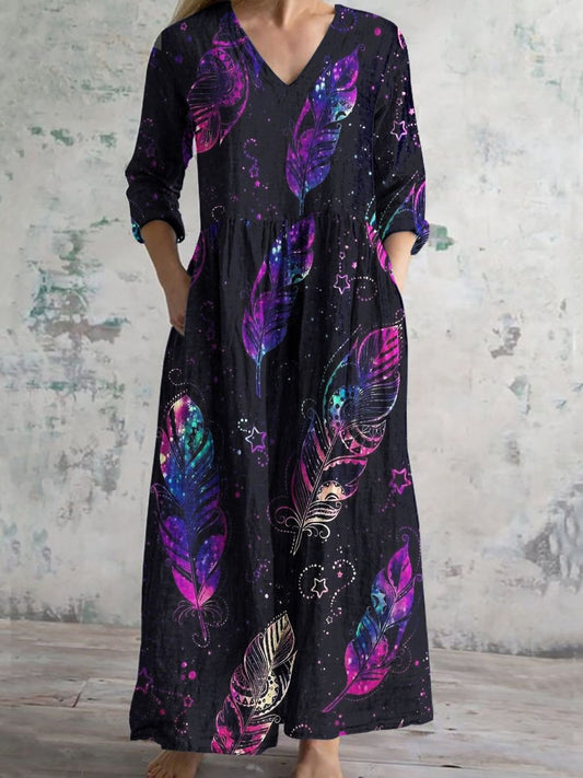 Women's Vintage Feather Print Casual Cotton Dress