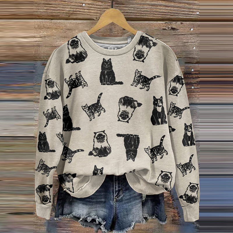 All Over Cats Art Print Crew Neck Casual Sweatshirt elevenforest