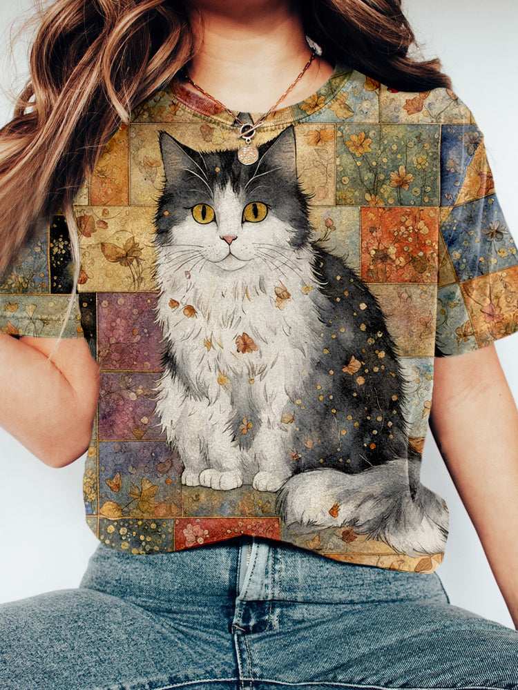 Cute Whimsical Patchwork Cat Art Vintage T Shirt elevenforest