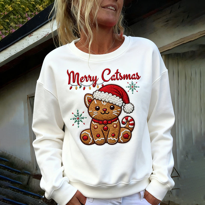 Comstylish Christmas Gingerbread Cat Embroidered Crew Neck Sweatshirt