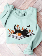 Comstylish Halloween Cat Embroidered Crew Neck Comfy Sweatshirt