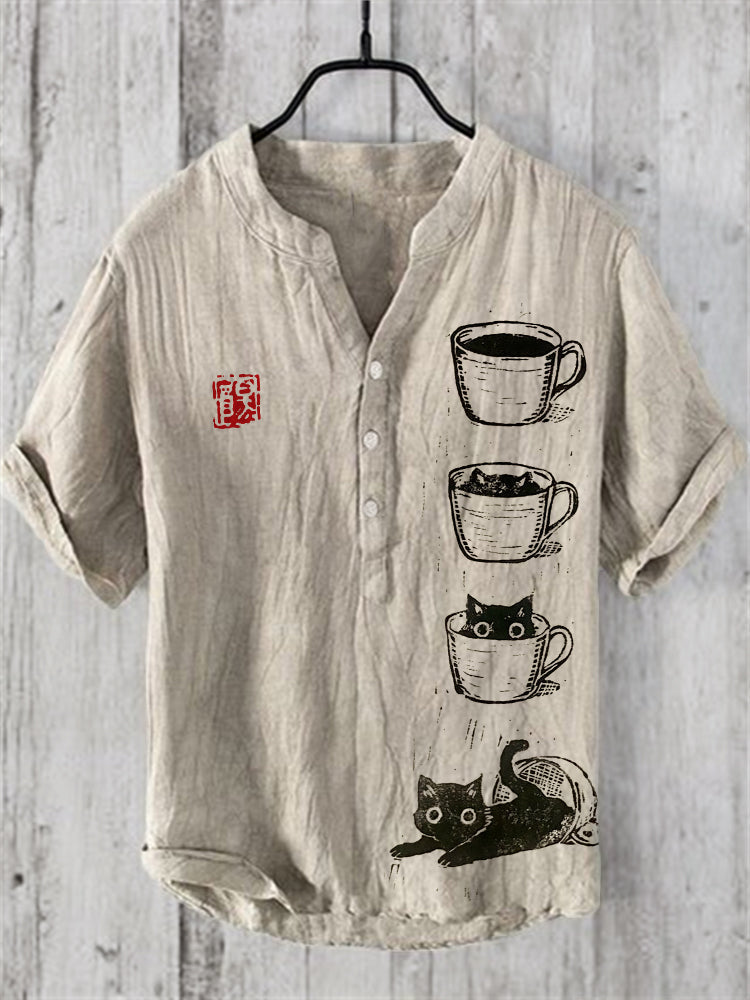 Black Cat in Cup Lino Art Linen Blend Shirt elevenforest