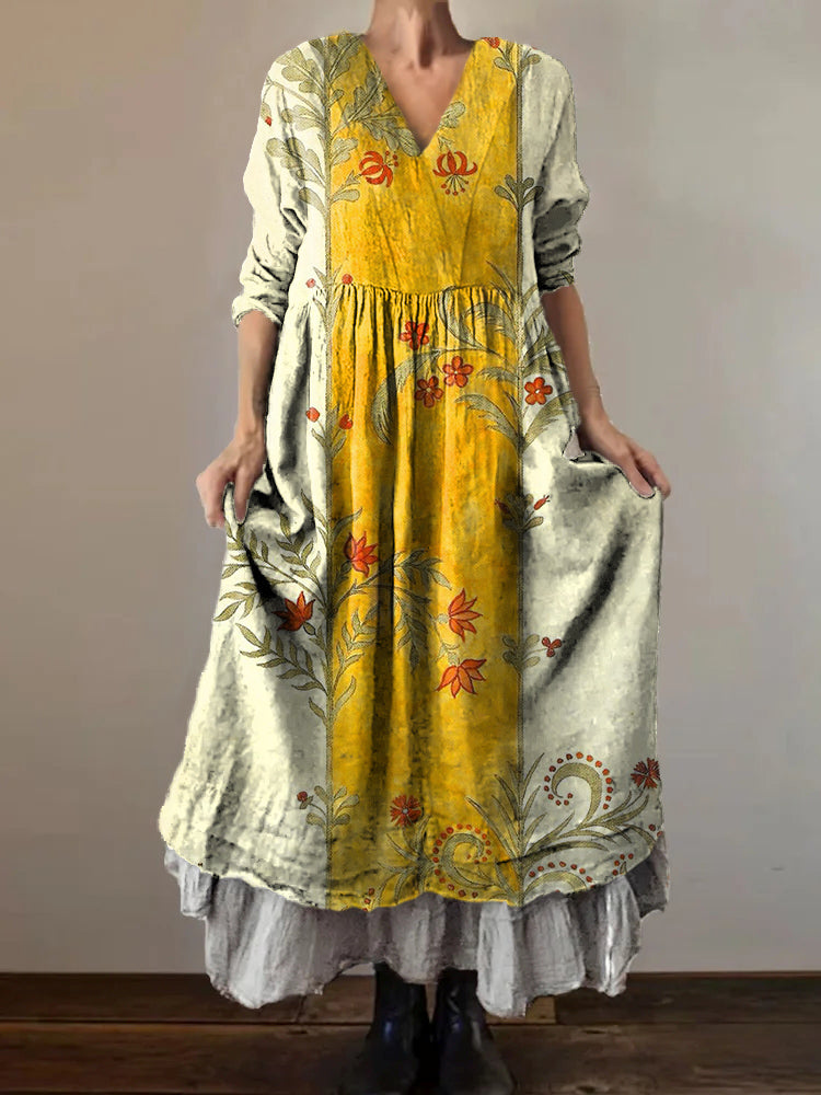 Women's Floral Art Print V-Neck Pocket Cotton Dress