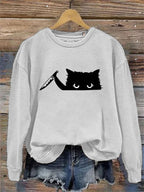 Comstylish Women's Casual Funny Black Cat Print Sweatshirt