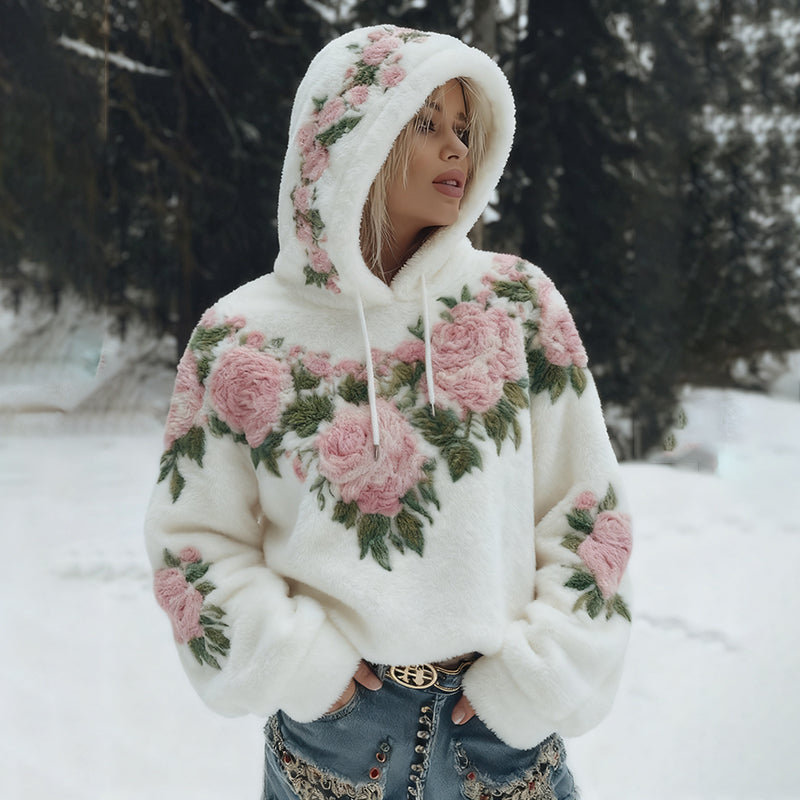 Comstylish Women's Boho Pink Rose Floral Art Flannel Hooded Sweatshirt