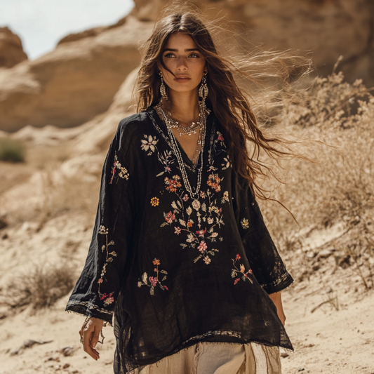 Boho Vintage Floral Embroidery Print Cotton And Linen Blend Loose Blouse artswardrobe