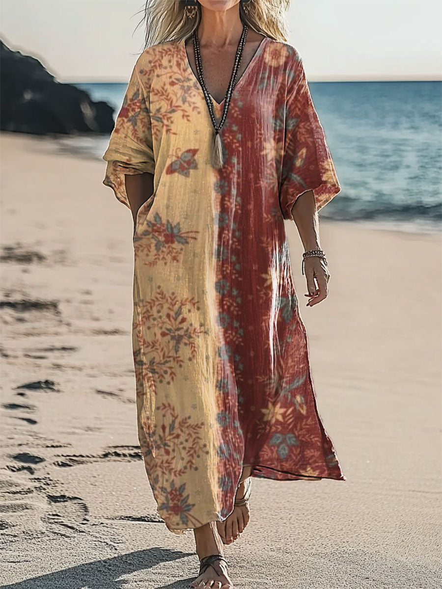 Women's Ethnic Floral Art Print V-Neck Comfort Cotton Pocket Dress