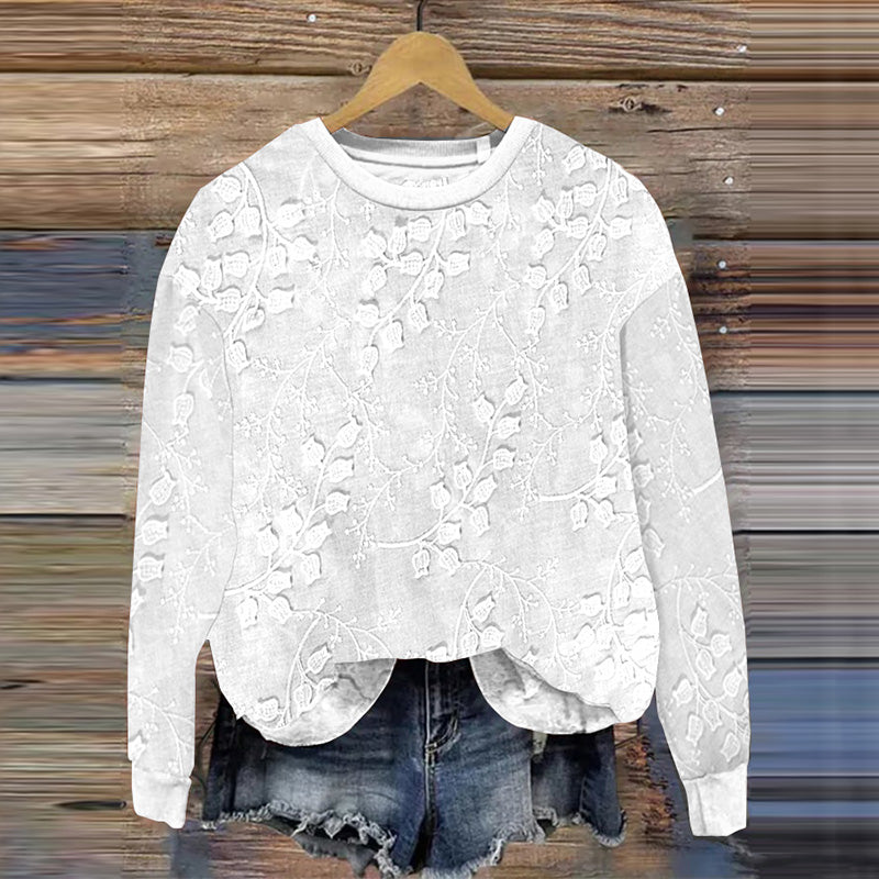 Comstylish Vintage Campanula Embroidered Stripe Lace Cozy Women's Crew Neck Sweatshirt