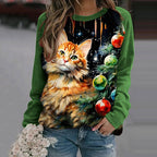 Comstylish Christmas Cat Print Crew Neck Sweatshirt