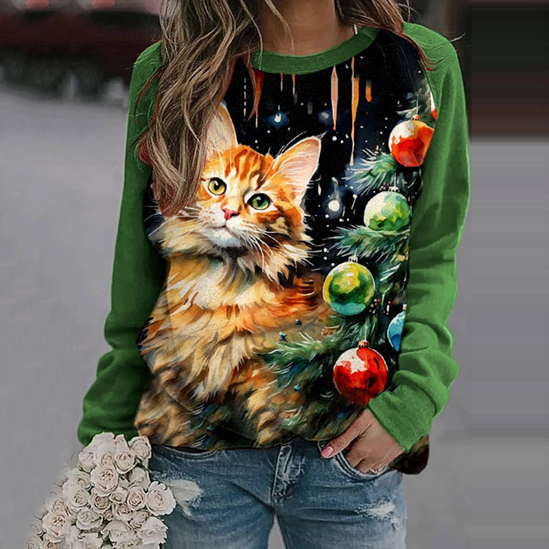 Comstylish Christmas Cat Print Crew Neck Sweatshirt