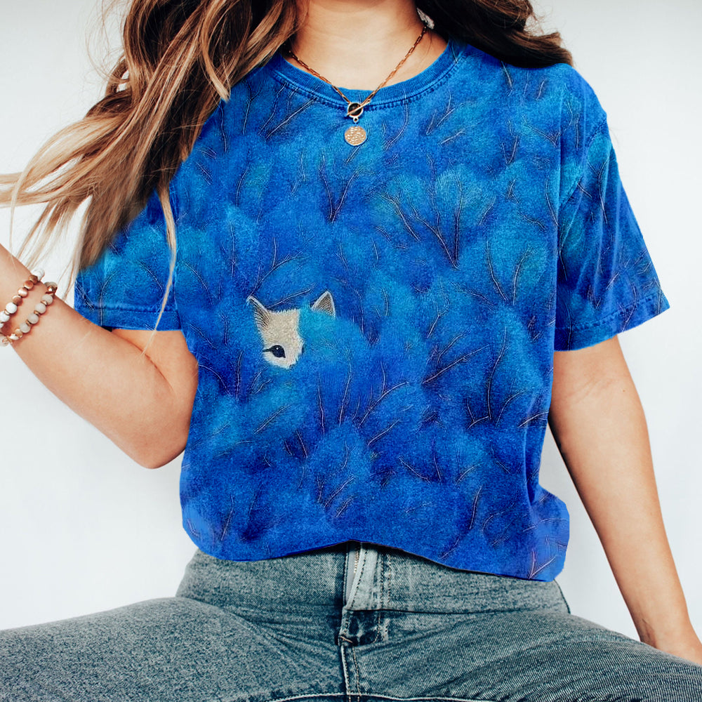 Comstylish Cute Peeking Cat Pattern Vintage Washed T Shirt