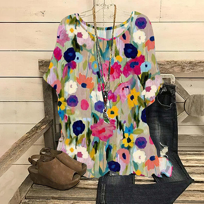 Comstylish Vintage Colorful Floral Art Painting Linen Blend Blouse