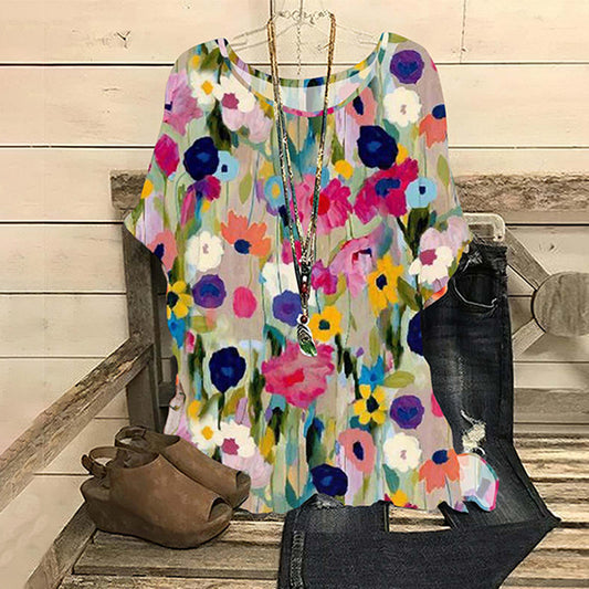 Comstylish Vintage Colorful Floral Art Painting Linen Blend Blouse