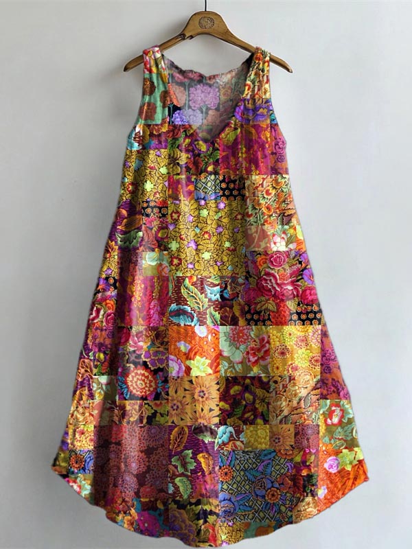 Women's Bohemian Patchwork Floral Print V-neck Pocket Cotton Dress