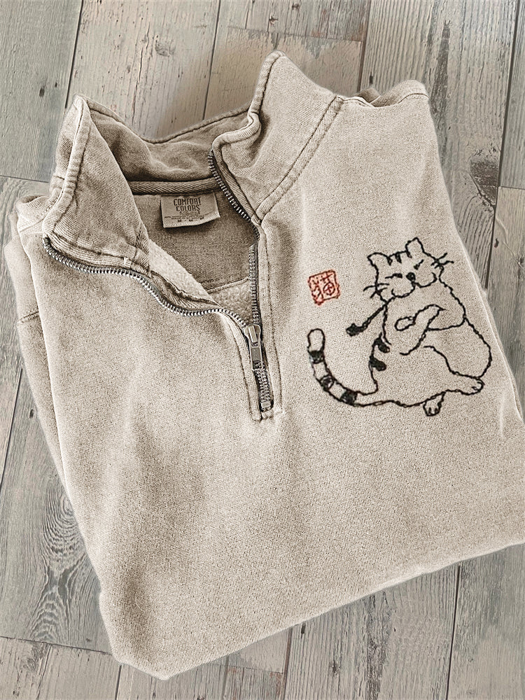 Funny Fat Cat Japanese Art Embroidered Zip Up Sweatshirt elevenforest