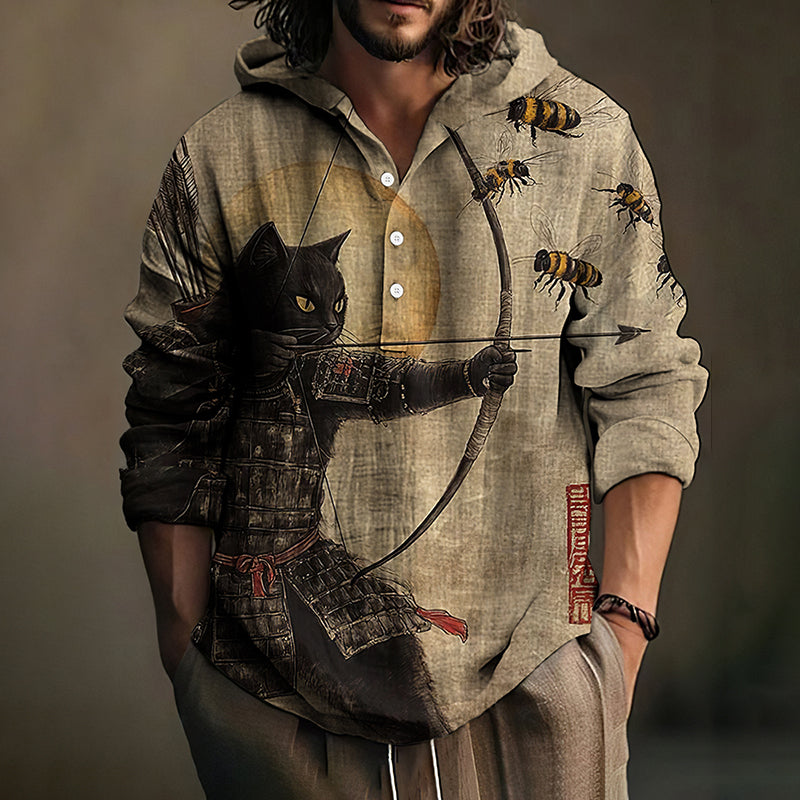 Men's Black Cat Tribal Warrior Japanese Kyudo Hooded Shirt elevenforest