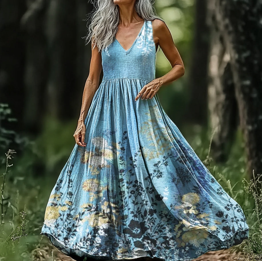 Women's Ethnic Floral Art Print V-neck Sleeveless Cotton Dress