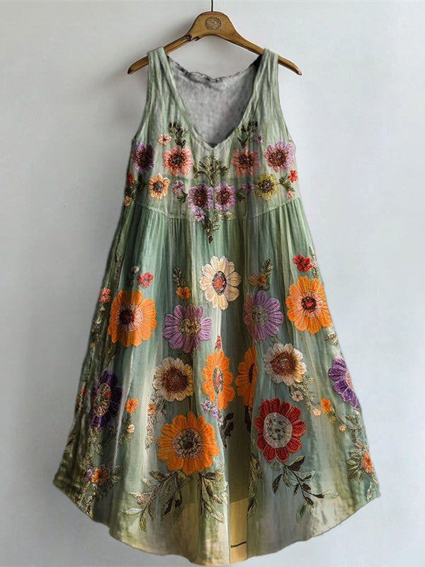 Women's Vintage Floral Art Print V-neck Pocket Cotton Dress