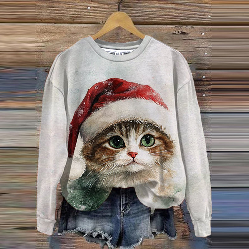 Women's Winter Christmas Cat Print Sweatshirt elevenforest