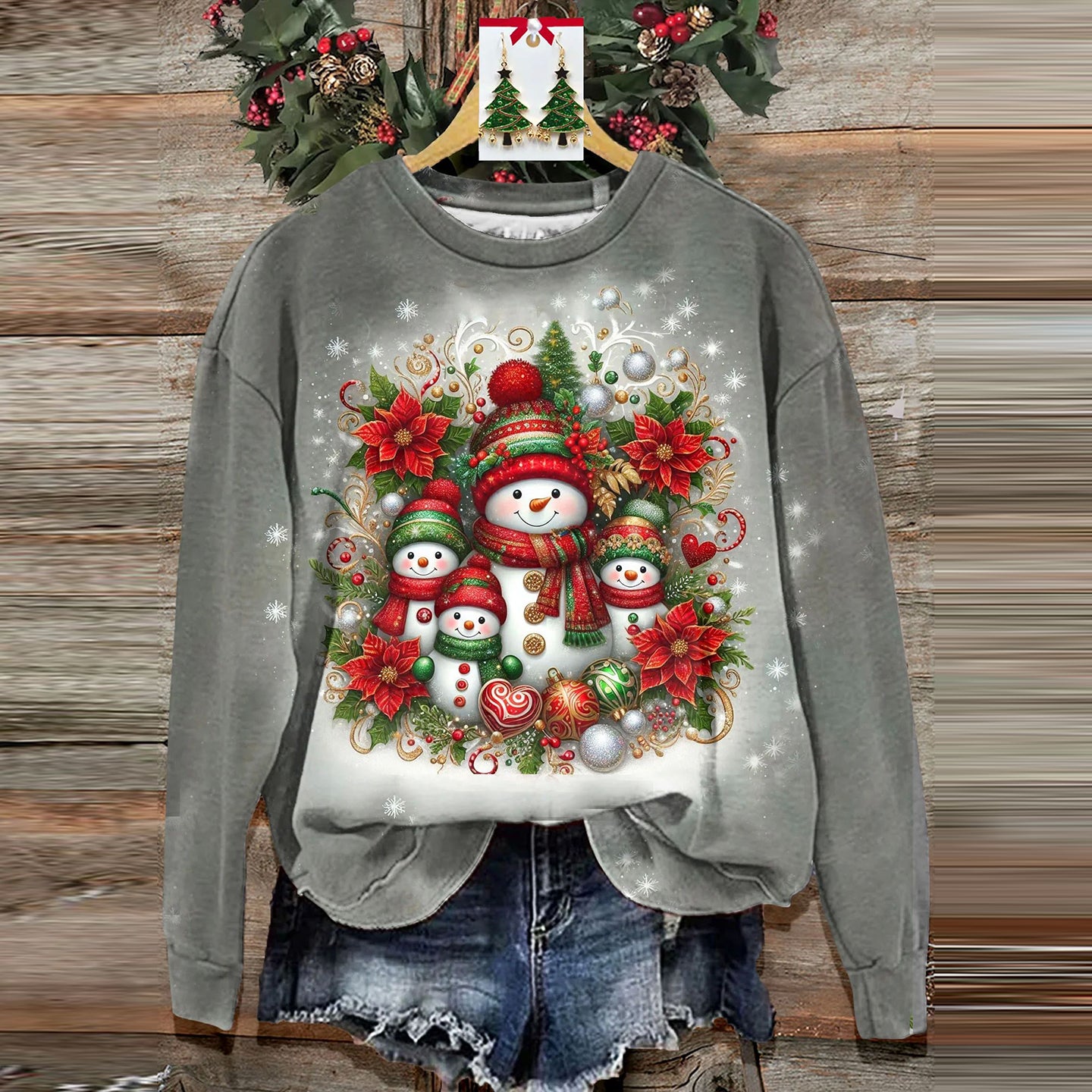 Comstylish Christmas Snowman Print Crew Neck Sweatshirt