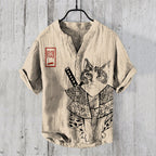 Retro Cat Bushido Japanese Art Print Half Button Linen Blend Shirt elevenforest