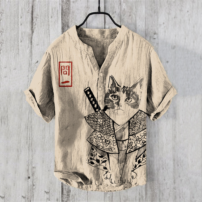 Retro Cat Bushido Japanese Art Print Half Button Linen Blend Shirt elevenforest