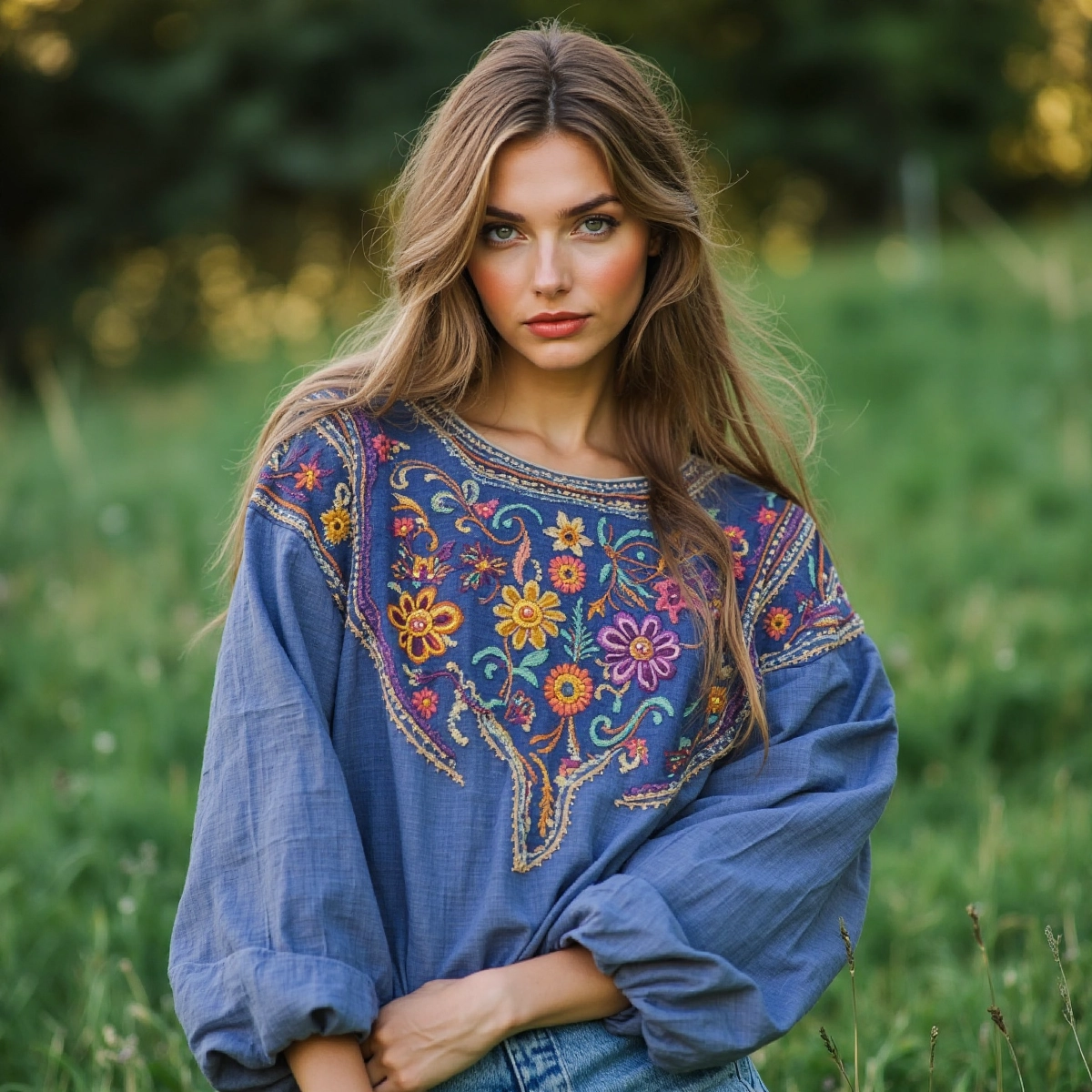 Retro Floral Embroidery Print Cotton And Linen Blend Loose Blouse artswardrobe