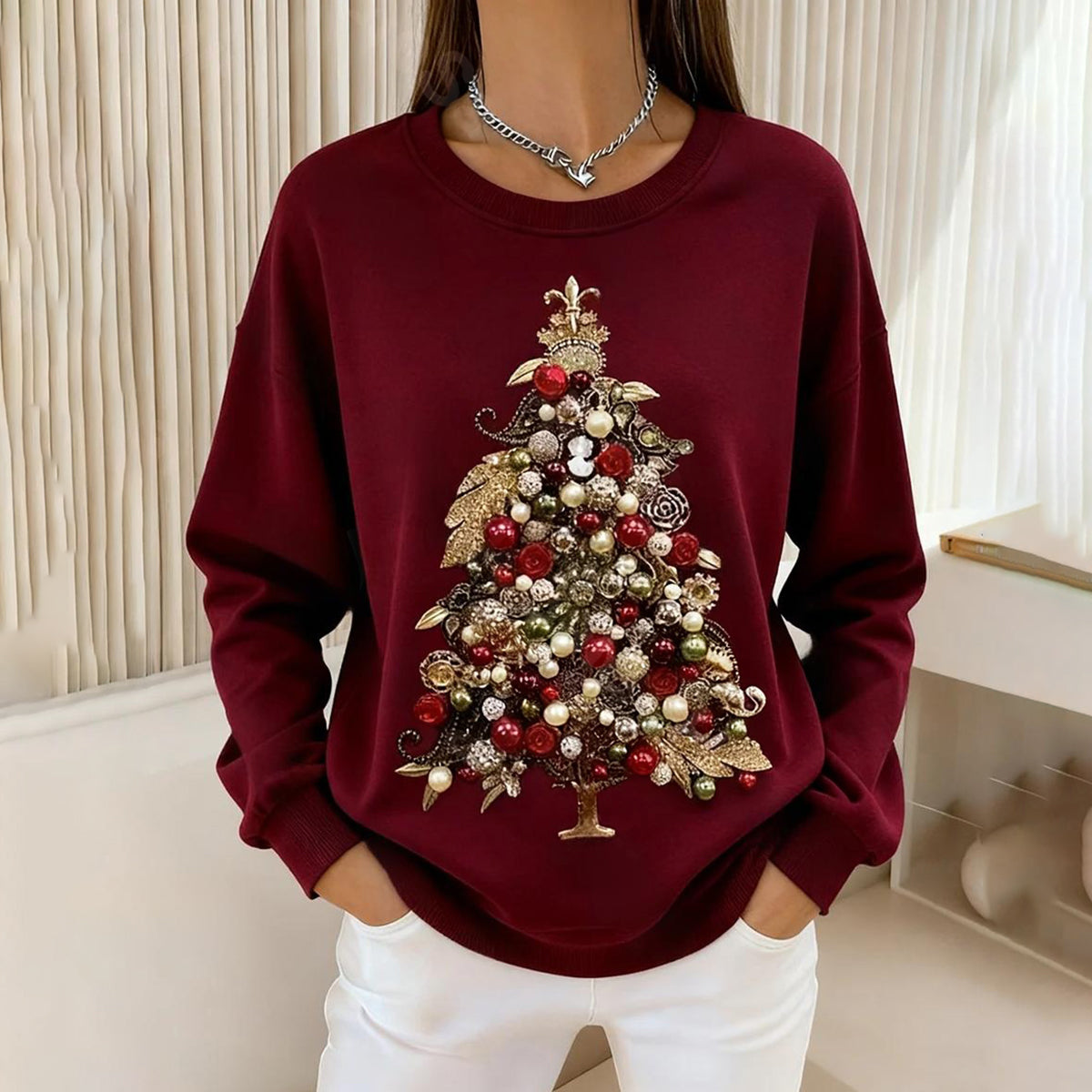Comstylish Women's Christmas Tree Print Round Neck Casual Sweatshirt