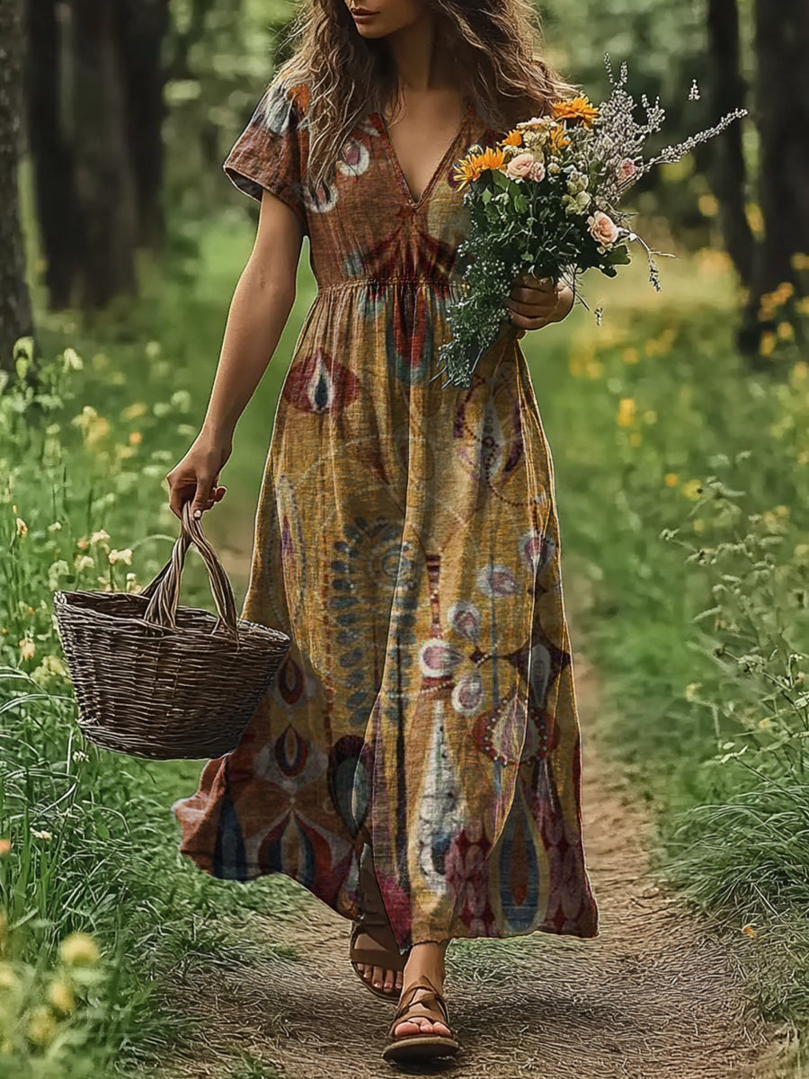 Women's Art Painting Ethnic Retro Print V-Neck Dress